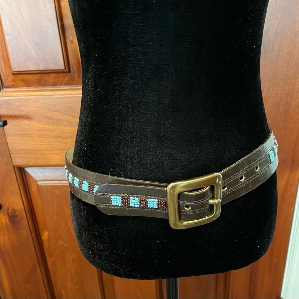 Hyde Collection Brown Beaded Western Leather Belt Small Brass Buckle Cowgirl
